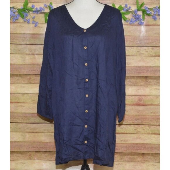 NWT Mudpie Navy Blue Button Up Tunic Shirt Dress One Size Casual V-Neck Lightwei - Picture 1 of 9